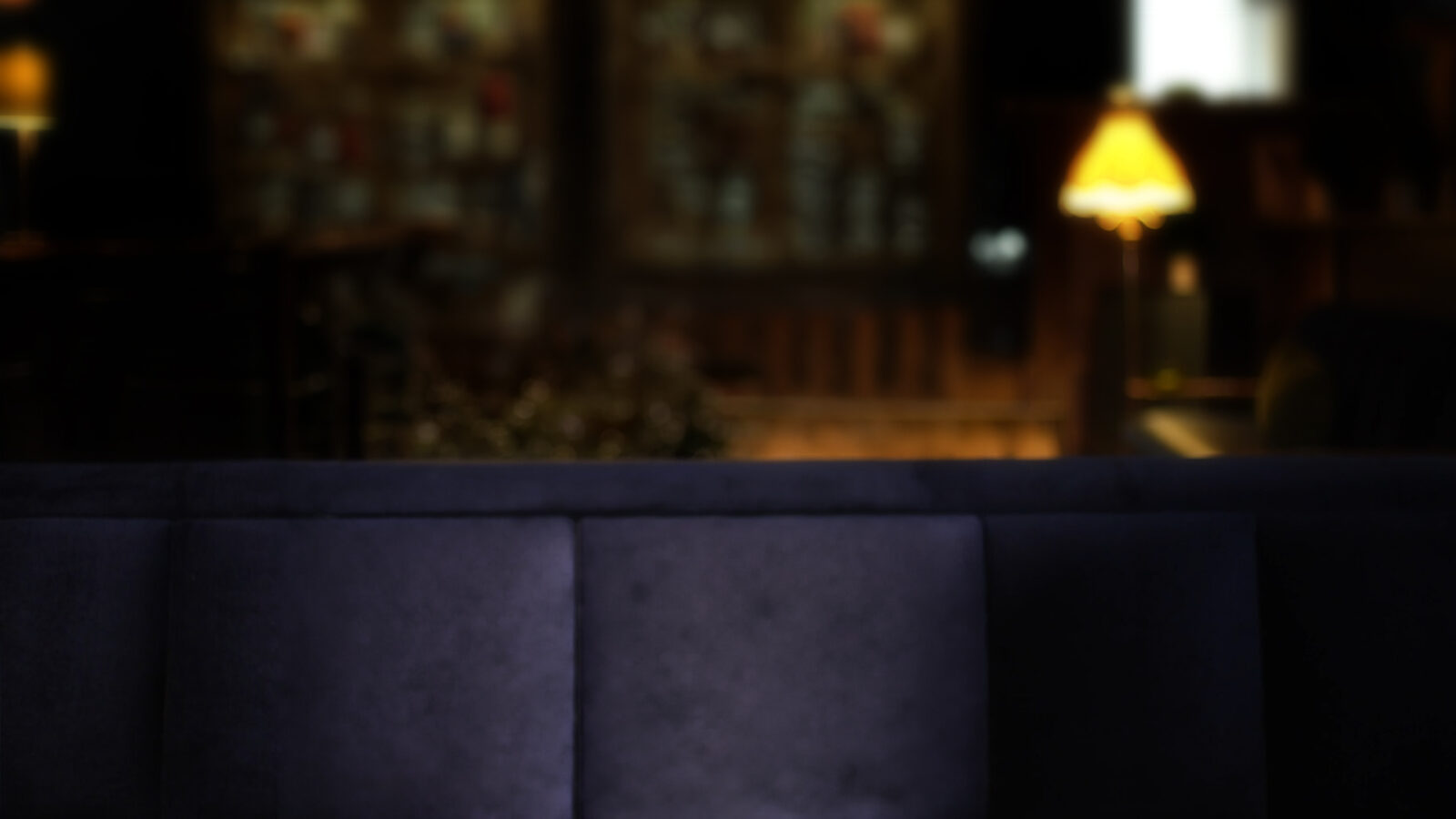 A softly lit lounge: a warm floor lamp and shelves beyond a dark sofa